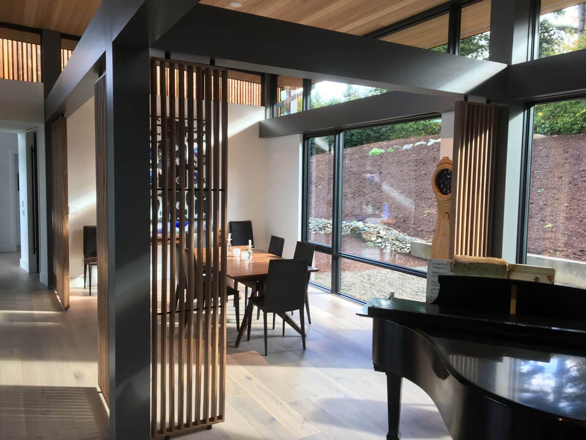 dining room with slat wall
